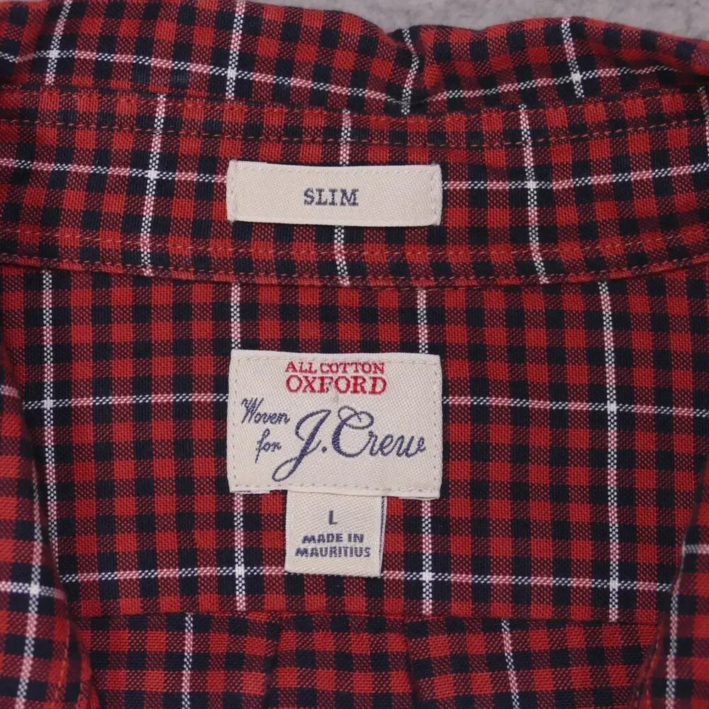 J Crew Oxford Shirt Mens Large SLIM Fit Orange Blue Plaid Button Up Long Sleeve